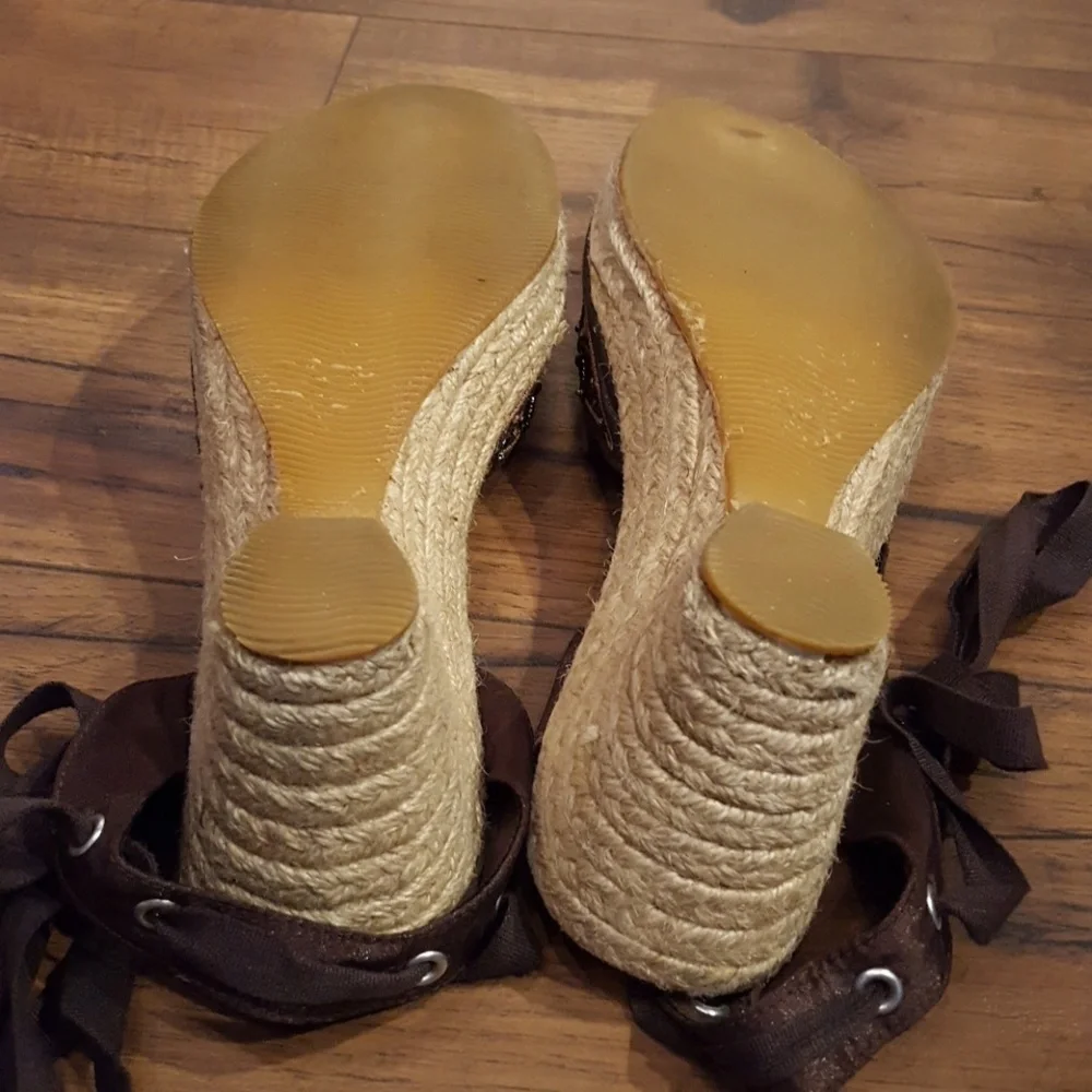 Y2K Beartraps Brown Beaded Satin Ankle‎ Straps Macrame Wedges